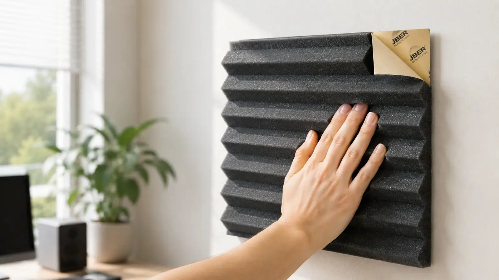 Hand pressing a JBER acoustic foam wedge panel onto a wall with adhesive strips