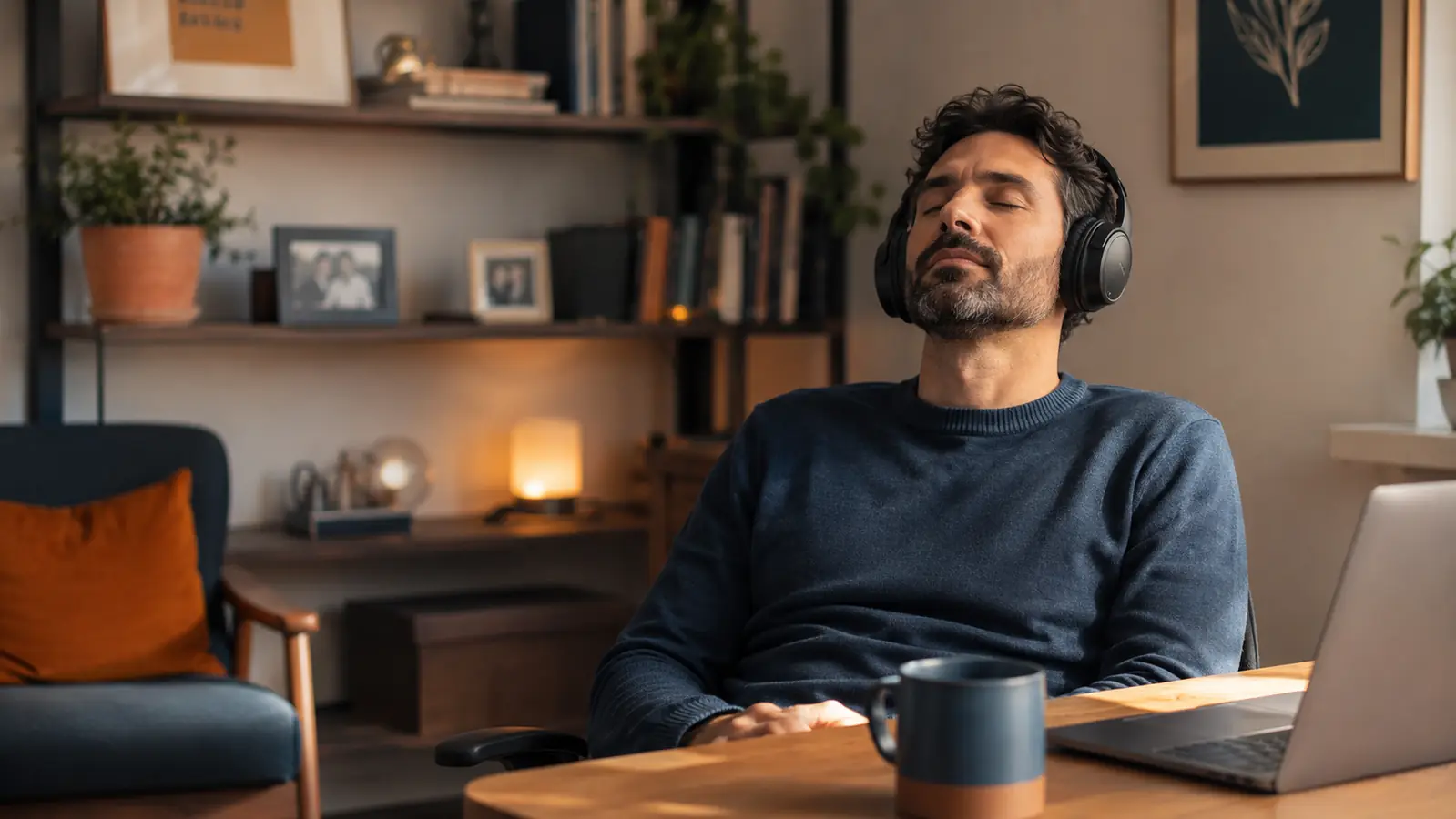 Person leaning back in a desk chair with ANC headphones on, eyes closed for a moment between calls