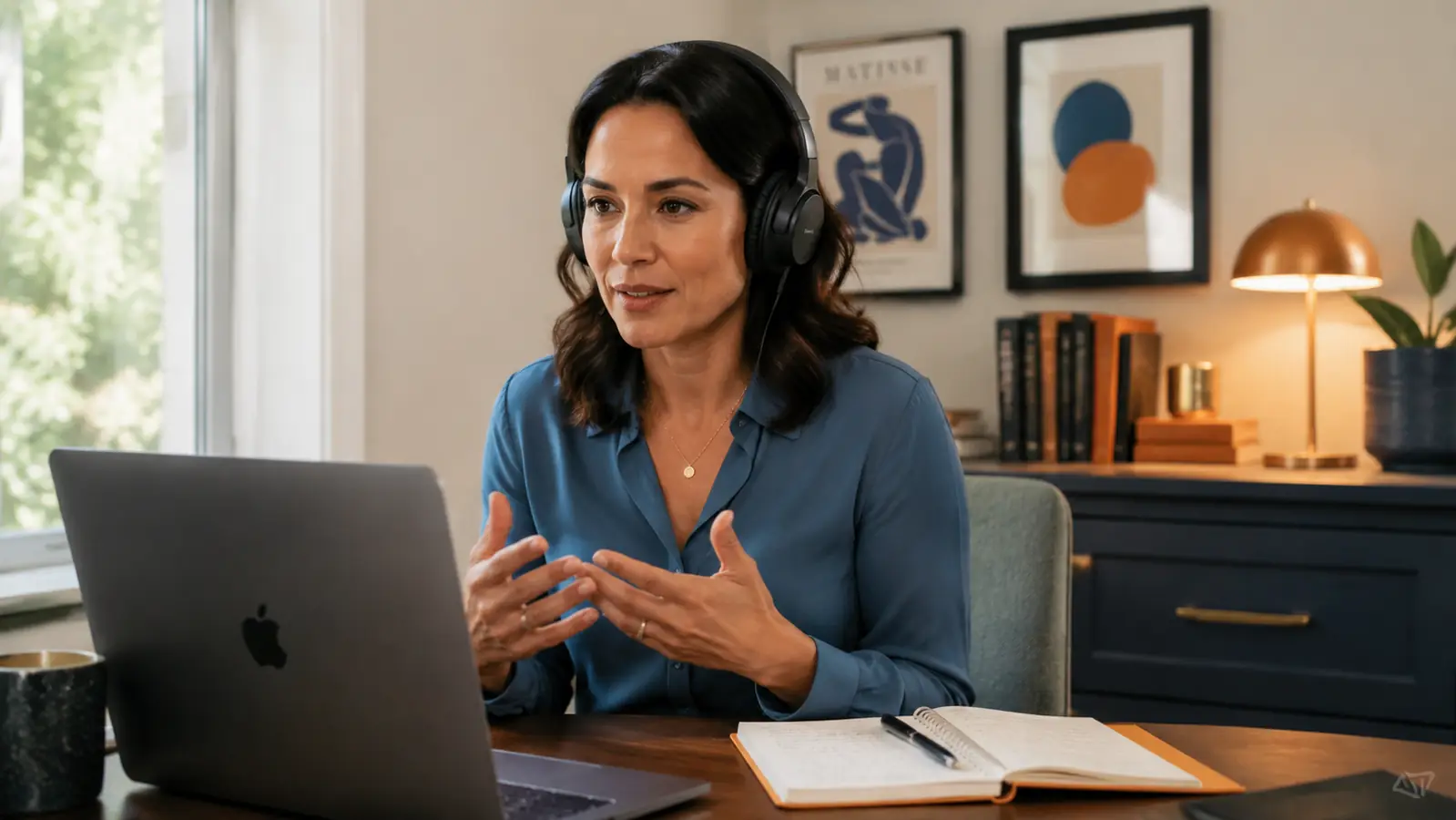 Person on a video call at a home desk wearing black over-ear ANC headphones, laptop open with a meeting on screen