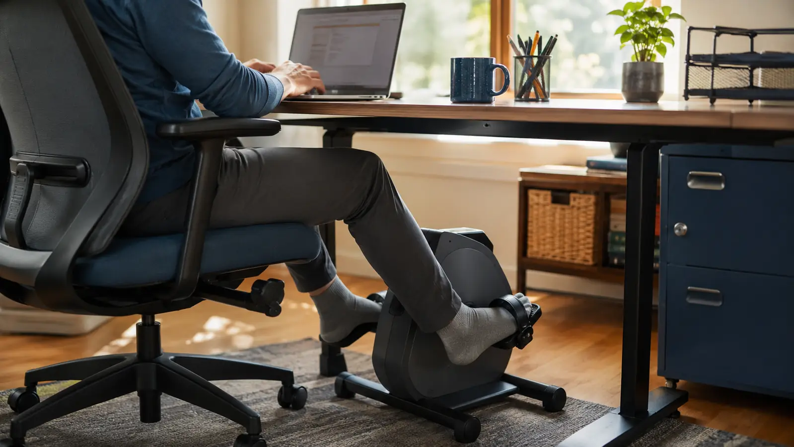 A tidy home office desk with a compact under-desk pedal exerciser tucked into the open leg space