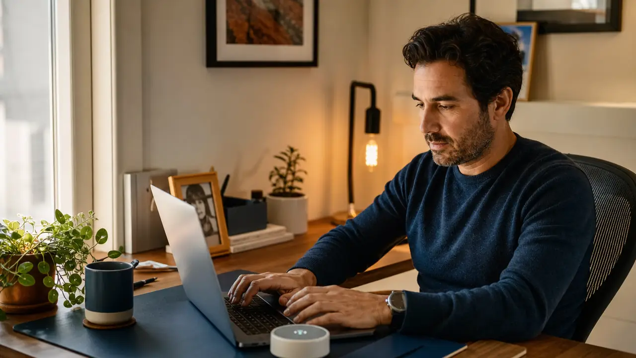 Small white noise machine on a desk beside a laptop and a stack of papers, morning light coming through a nearby window