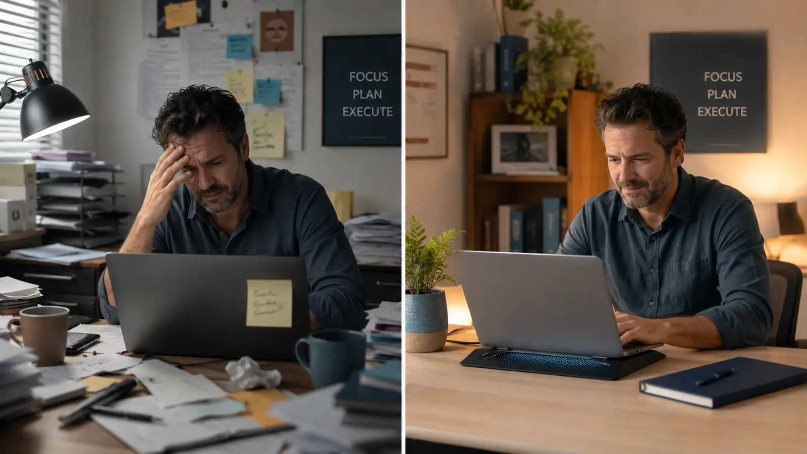 Laptop overheating warning icon replaced by a calm workspace with a laptop sitting on a slim cooling pad