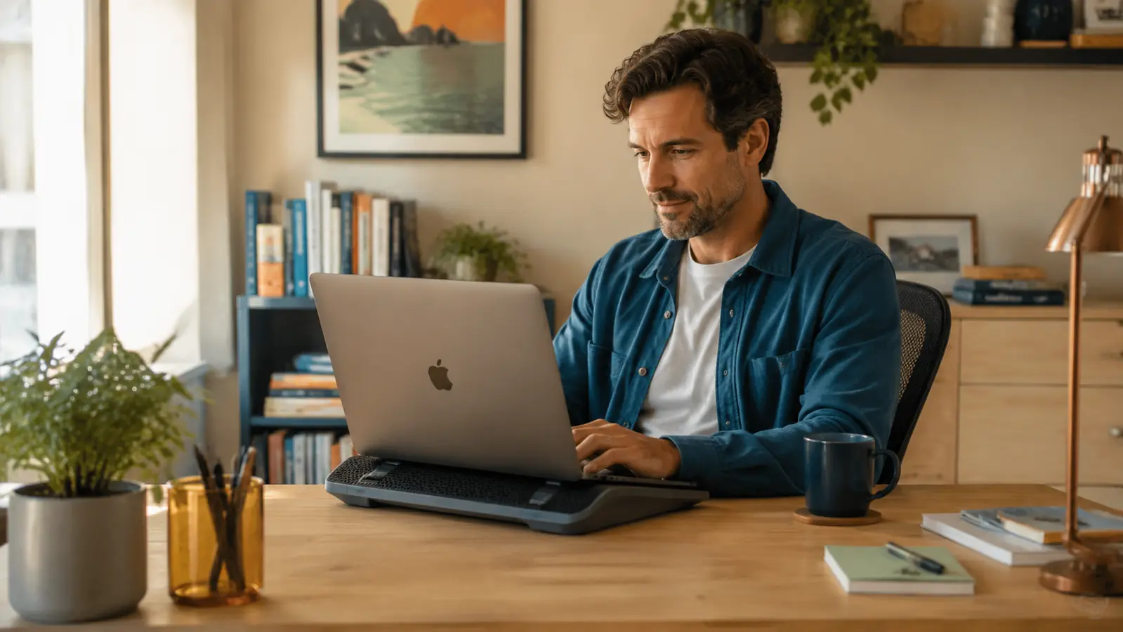 Laptop resting on a Havit cooling pad on a home office desk with morning light coming through a window