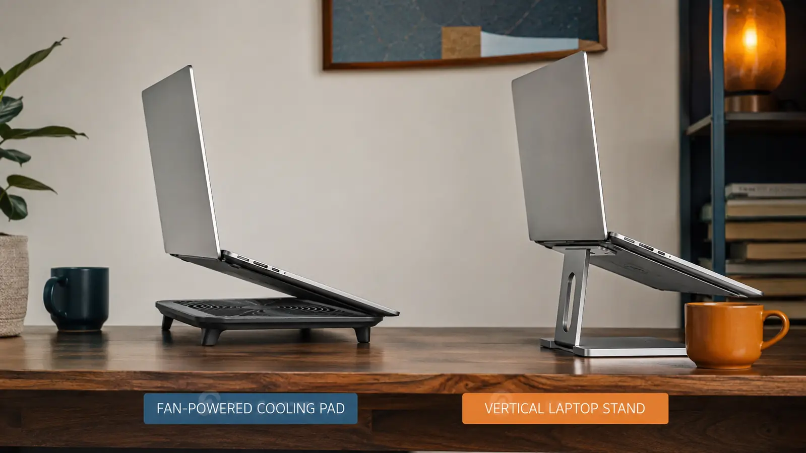A laptop cooling pad with visible fans sitting next to a vertical laptop stand on a wooden desk