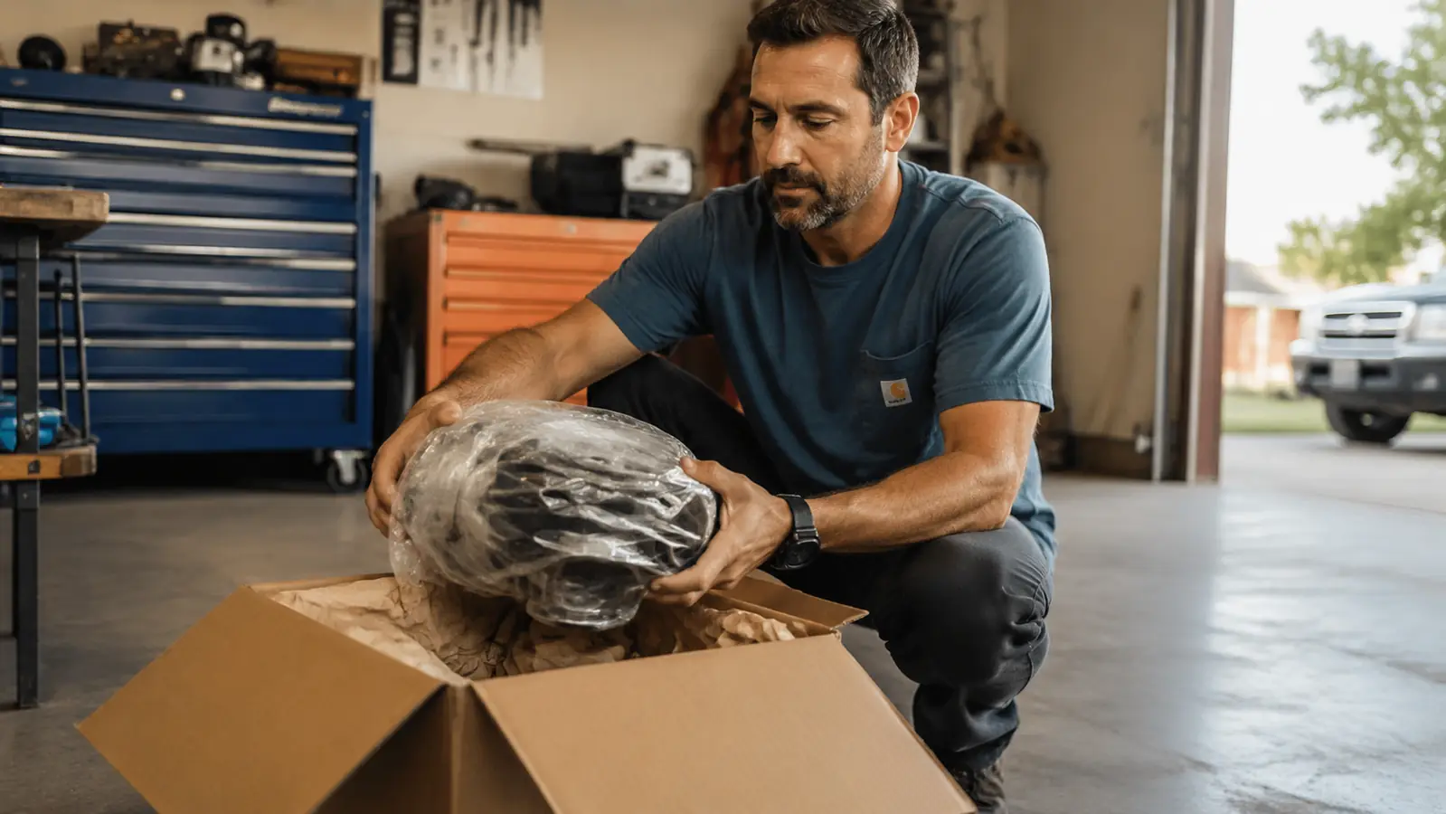 A hand unboxing the himaly pedal exerciser from its shipping box on a garage floor