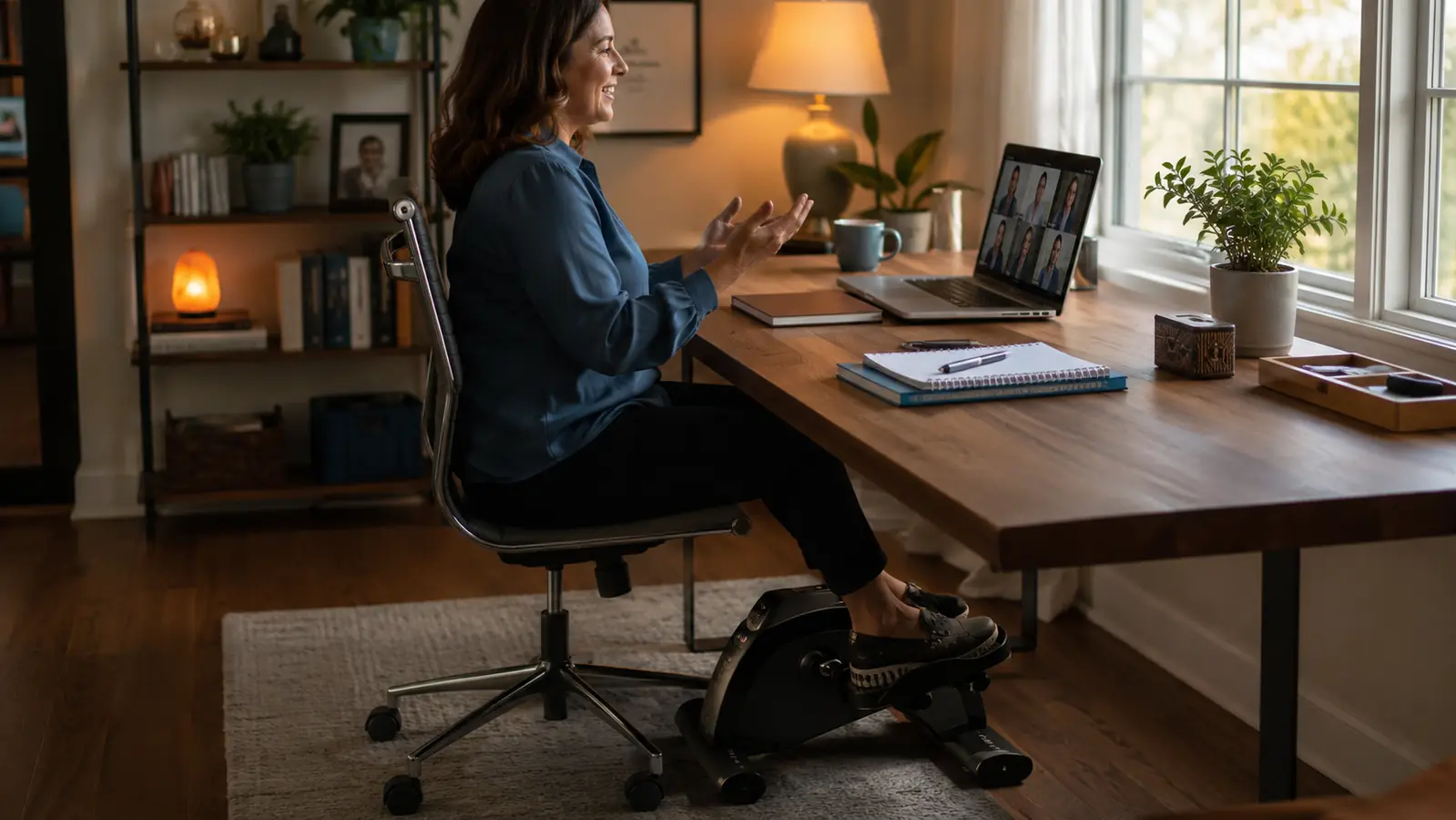 A home office desk with the himaly under-desk pedal exerciser tucked underneath during a video call