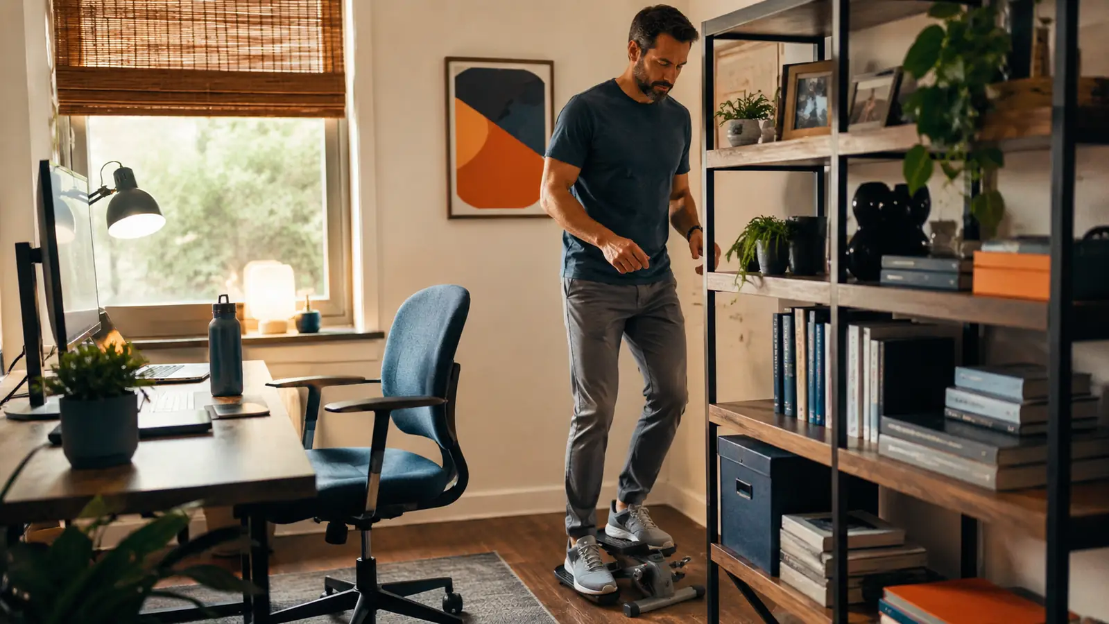 Person taking a short break from their desk to use a mini stepper in a small home office
