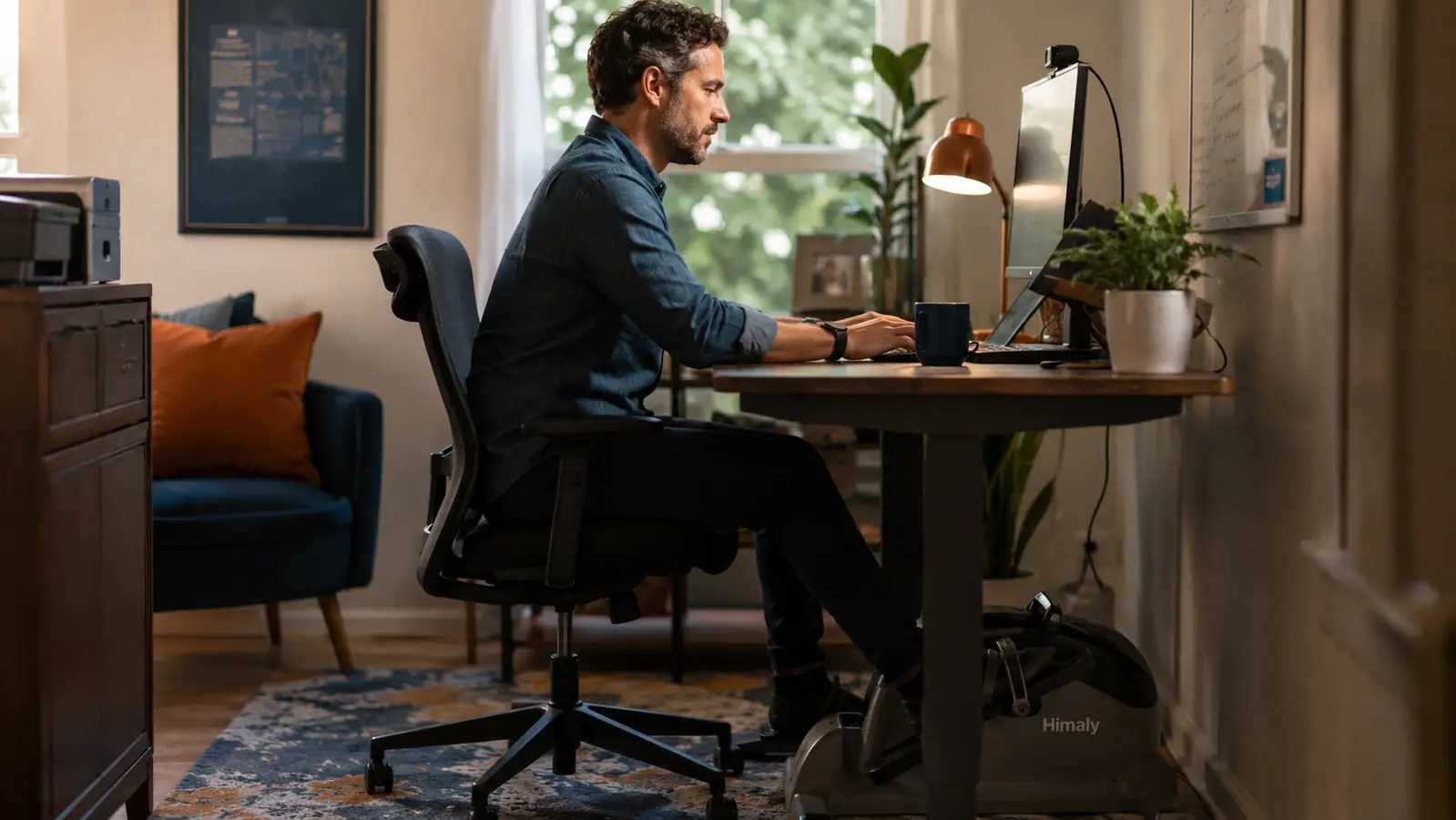 Home office desk setup with a himaly pedal exerciser positioned underneath while someone works on a laptop