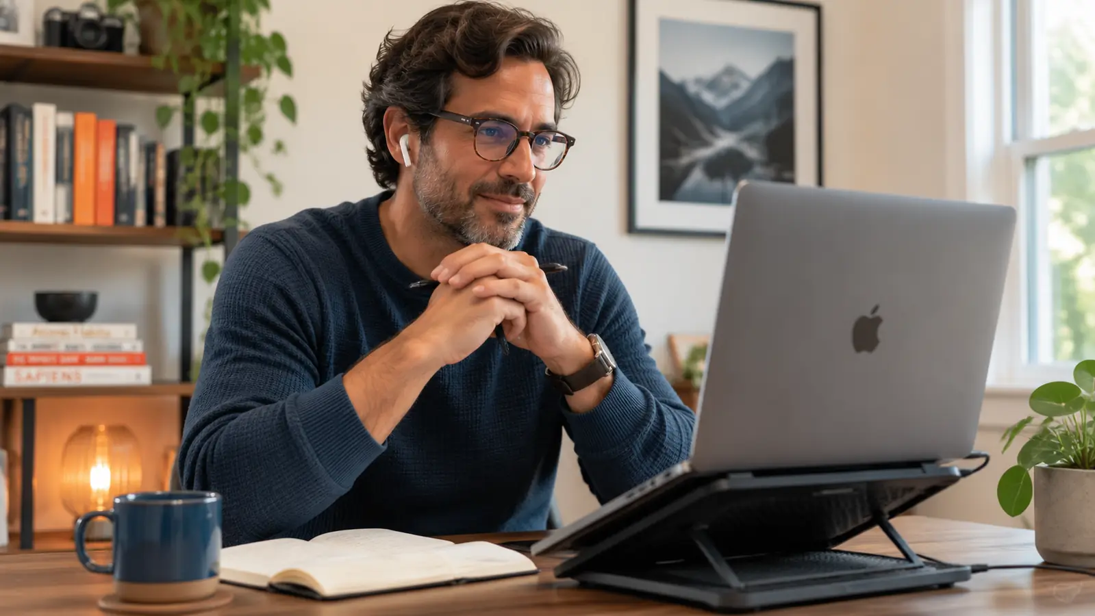 Person mid video call, relaxed and focused, laptop elevated on a cooling pad on a home office desk