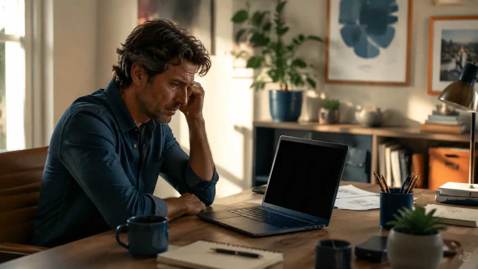 Laptop on a home office desk with a dark screen, morning light coming through the window, empty coffee cup nearby