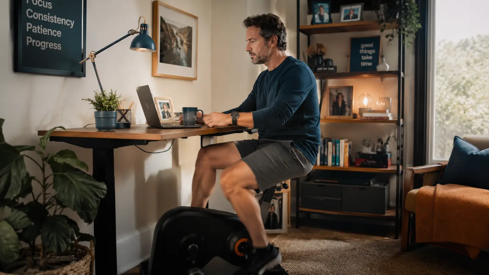 Home office desk with a small pedal exerciser tucked underneath, morning light coming through the window