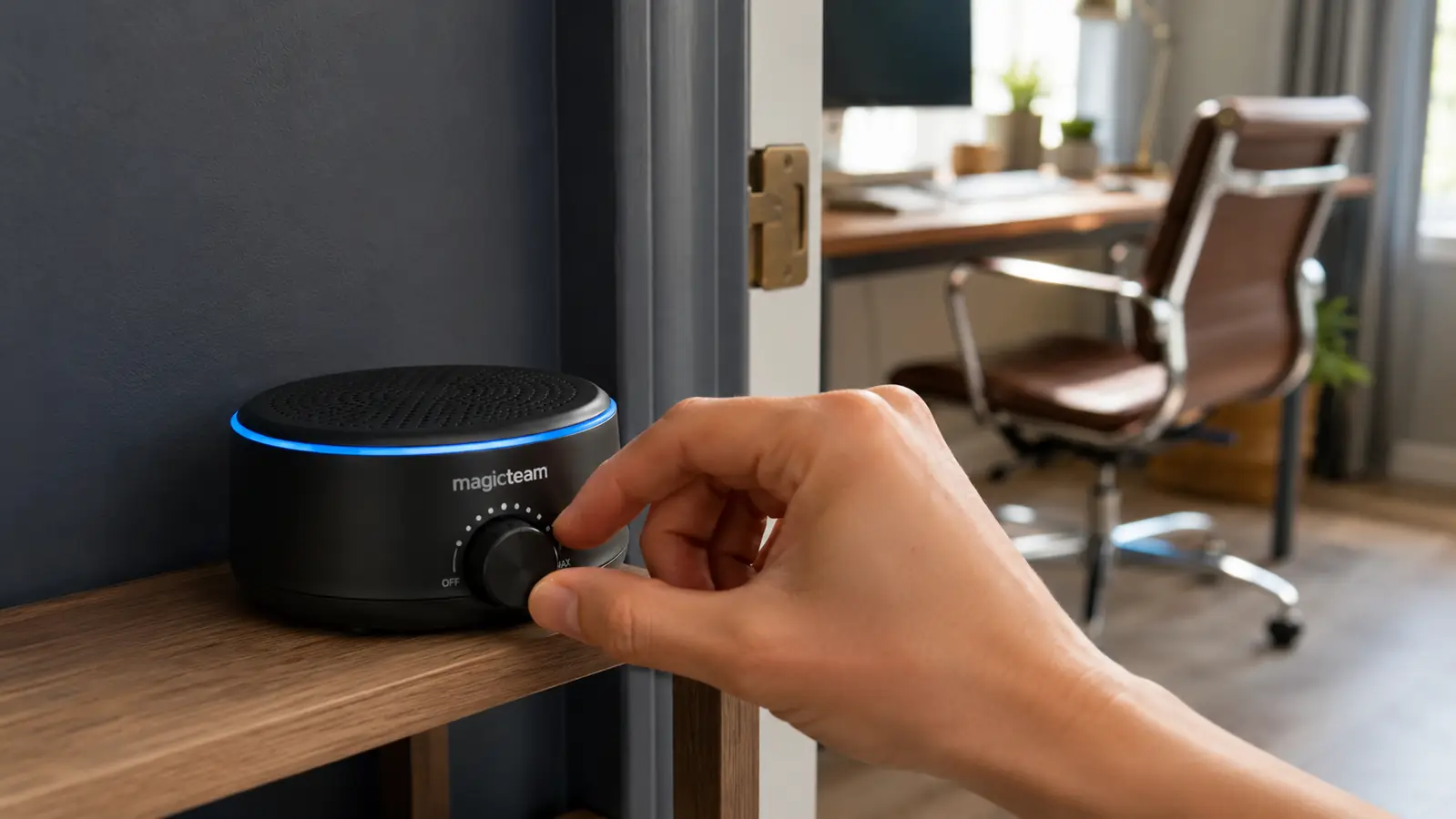Hand turning the volume dial on a white noise machine placed near a doorway inside a home office