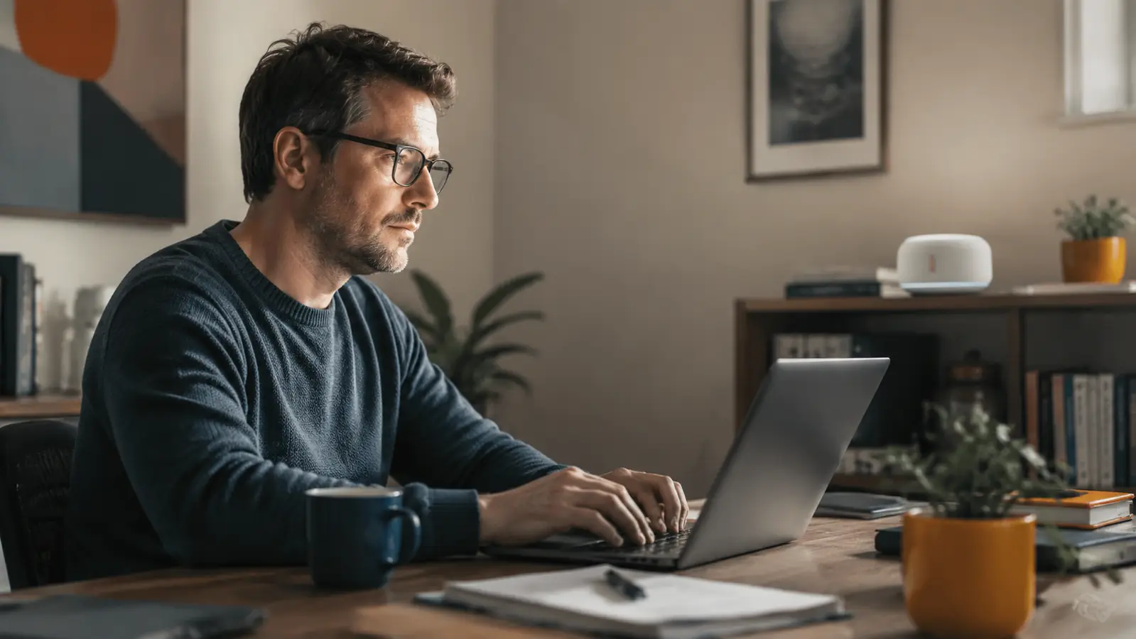 Person working at a home desk with a small white noise machine glowing quietly on a nearby shelf
