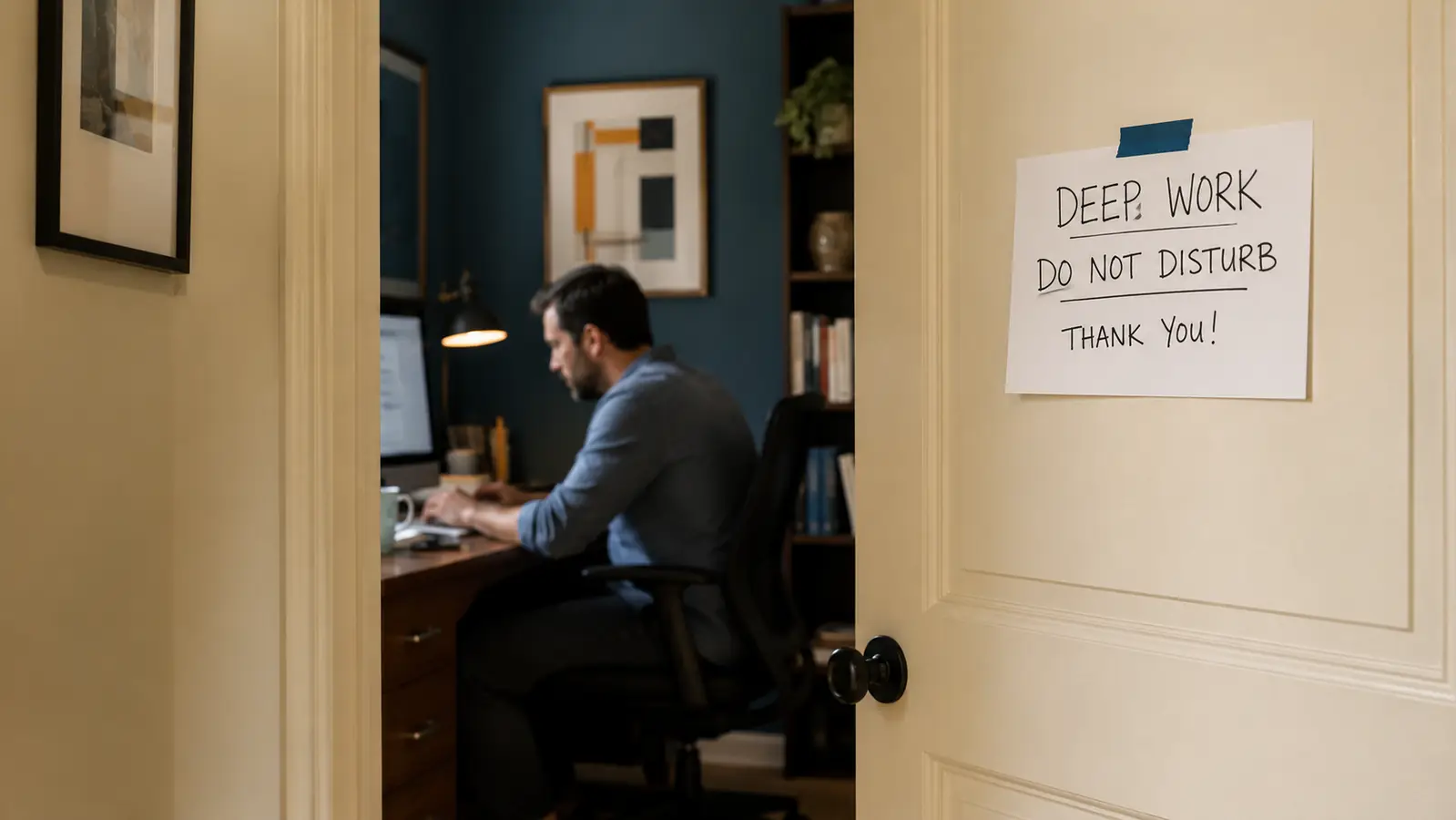 Small paper sign taped to the outside of a home office door reading Please Knock, On a Call