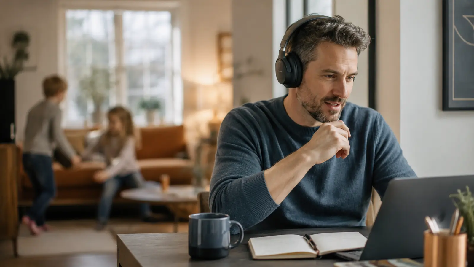 Person on a video call at a home desk, calm and focused while household activity happens blurred in the background
