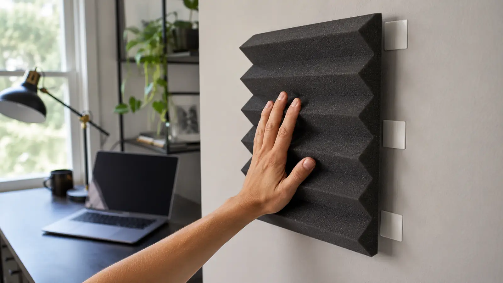 A hand pressing a charcoal gray acoustic foam wedge panel onto a wall using adhesive strips