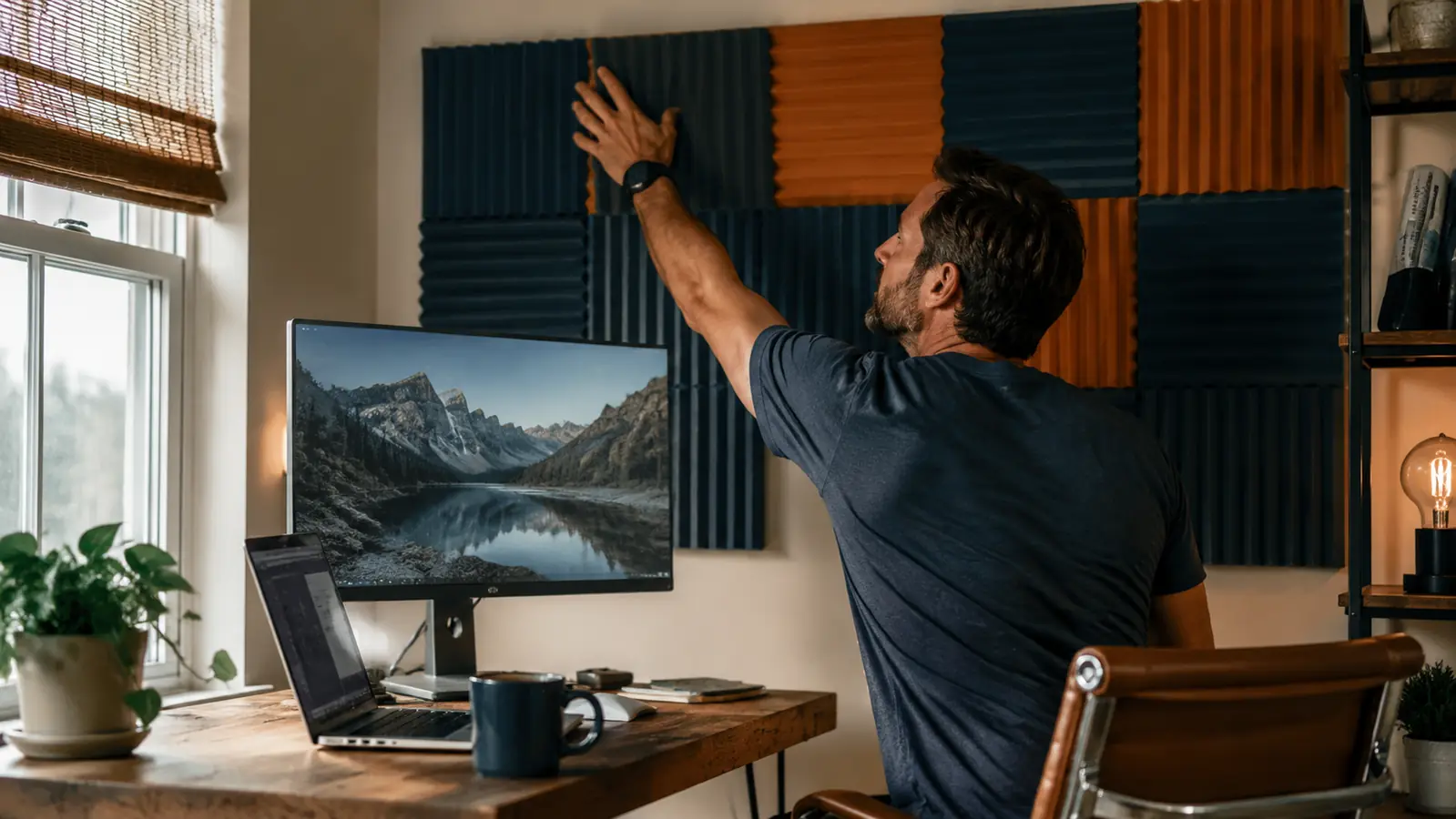 A spare bedroom home office with acoustic foam panels half-installed on the wall behind a desk, laptop open, morning light coming through a window