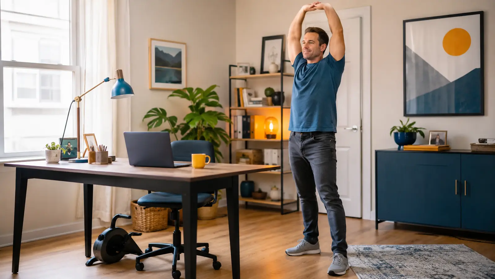 Remote worker standing up to stretch beside a desk setup with an under-desk pedal exerciser tucked underneath