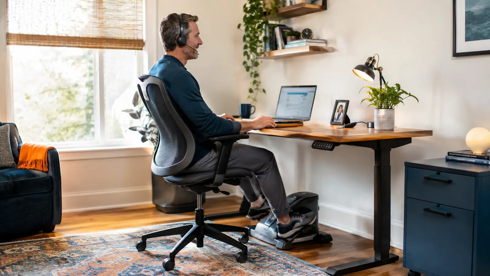 Person working at a home office desk while pedaling an under-desk exercise bike during a phone call