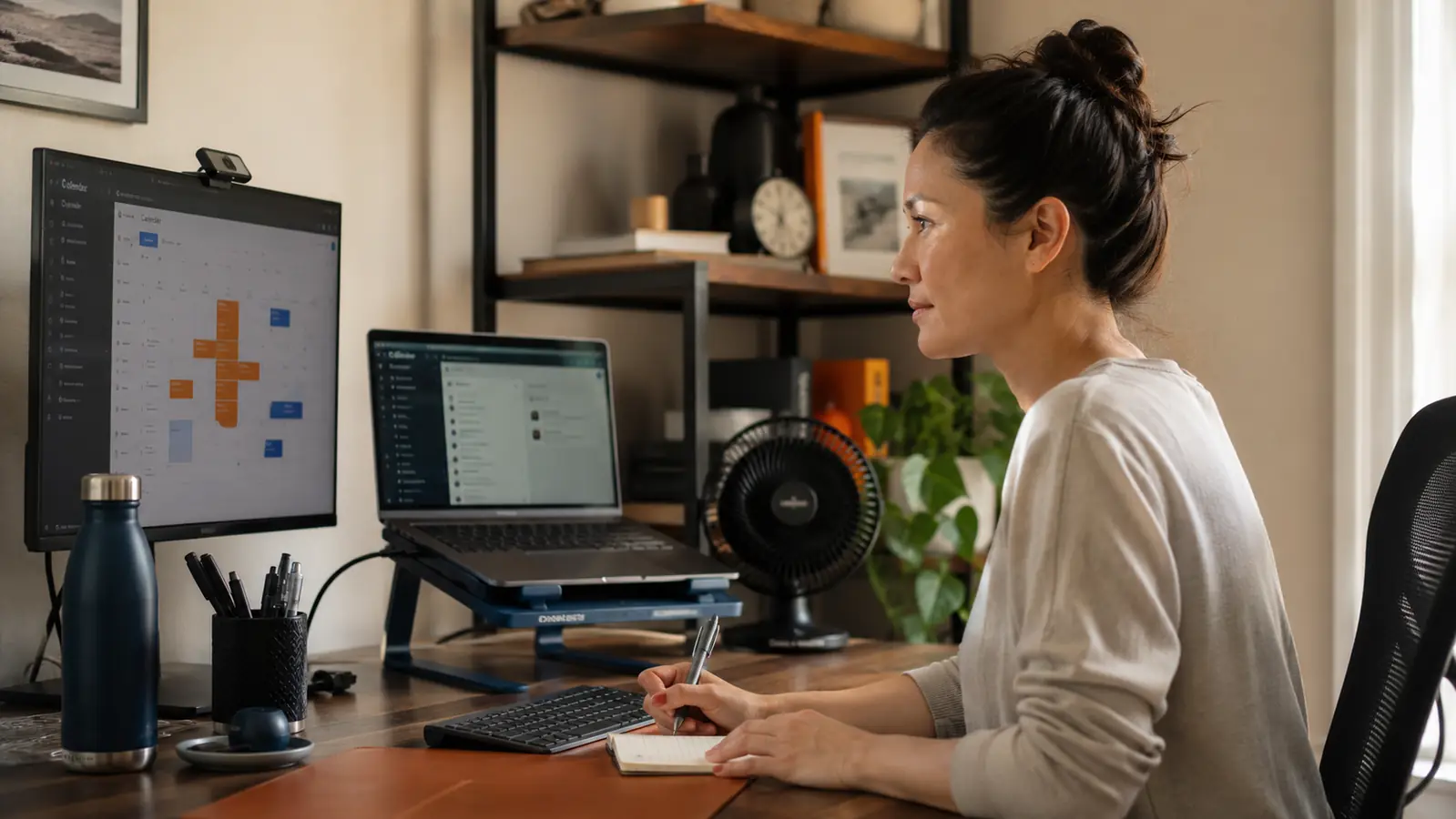 A tidy home office desk with a laptop raised on a cooling pad, an external monitor, and a small desk fan in the background