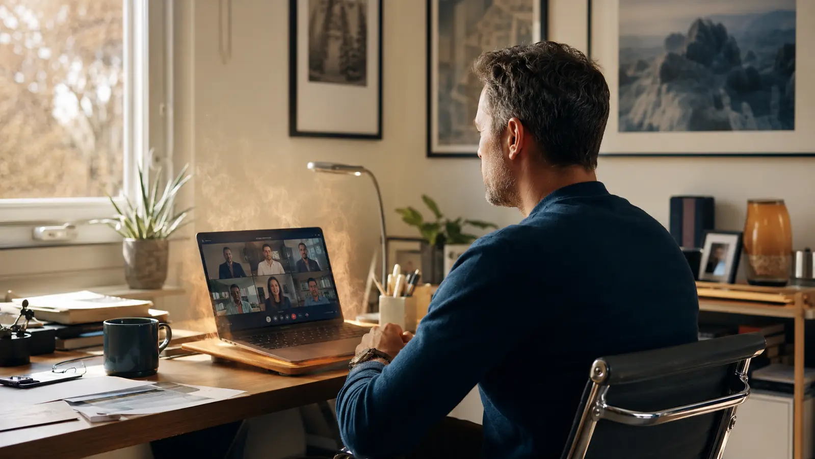 A laptop running a video call sitting on a desk with a warm haze effect suggesting heat, a coffee mug and notebook nearby