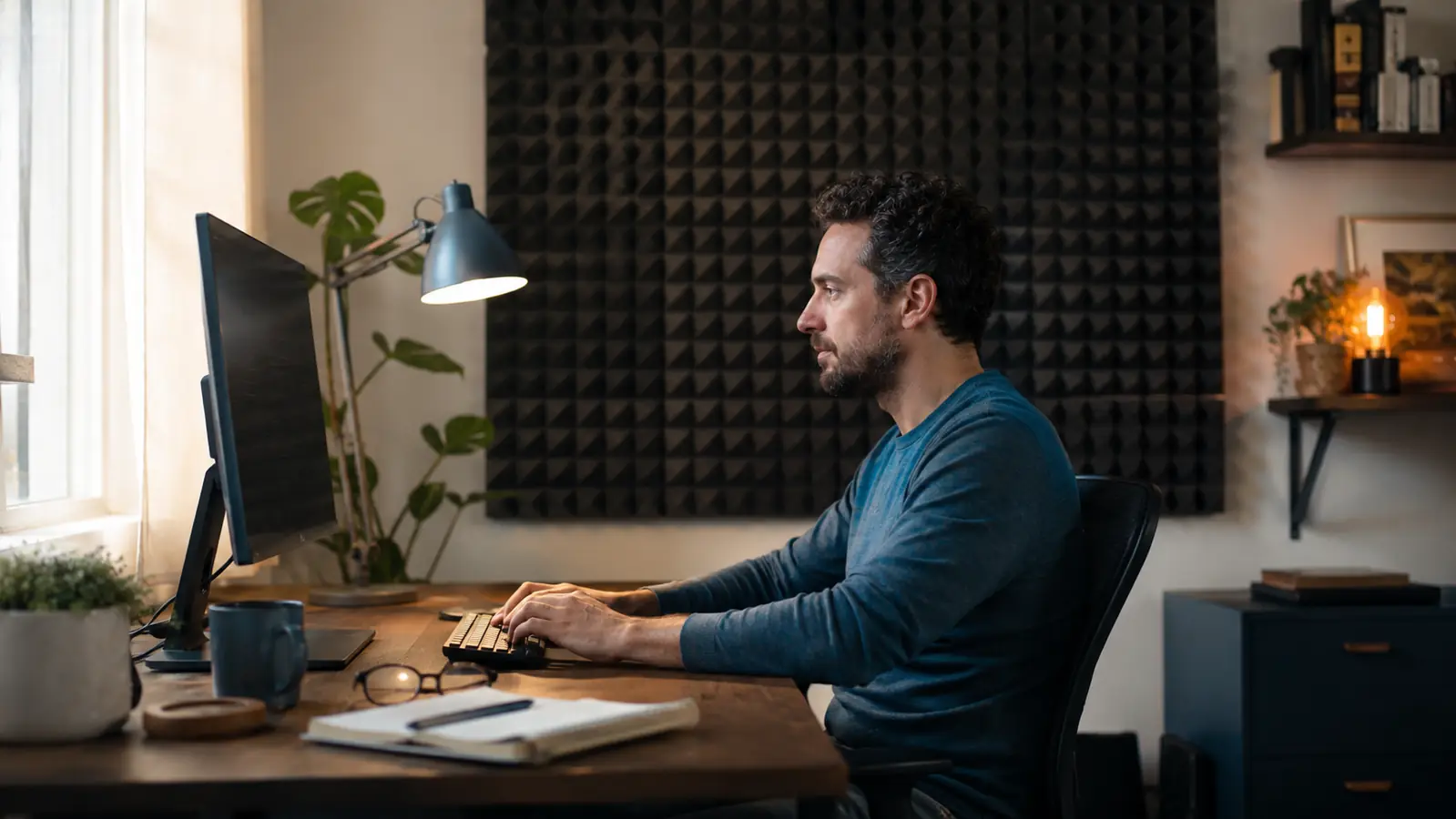 Home office corner with charcoal gray acoustic foam panels arranged behind a desk and monitor