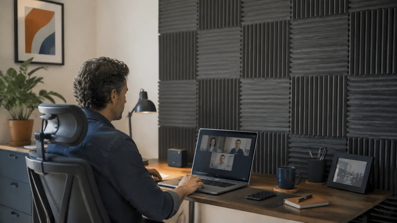 Home office wall partially covered in gray acoustic foam panels behind a desk with a laptop set up for a video call