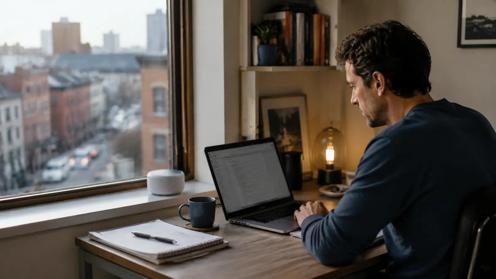 Small round white noise machine sitting on a windowsill desk in an apartment home office with a city street visible outside