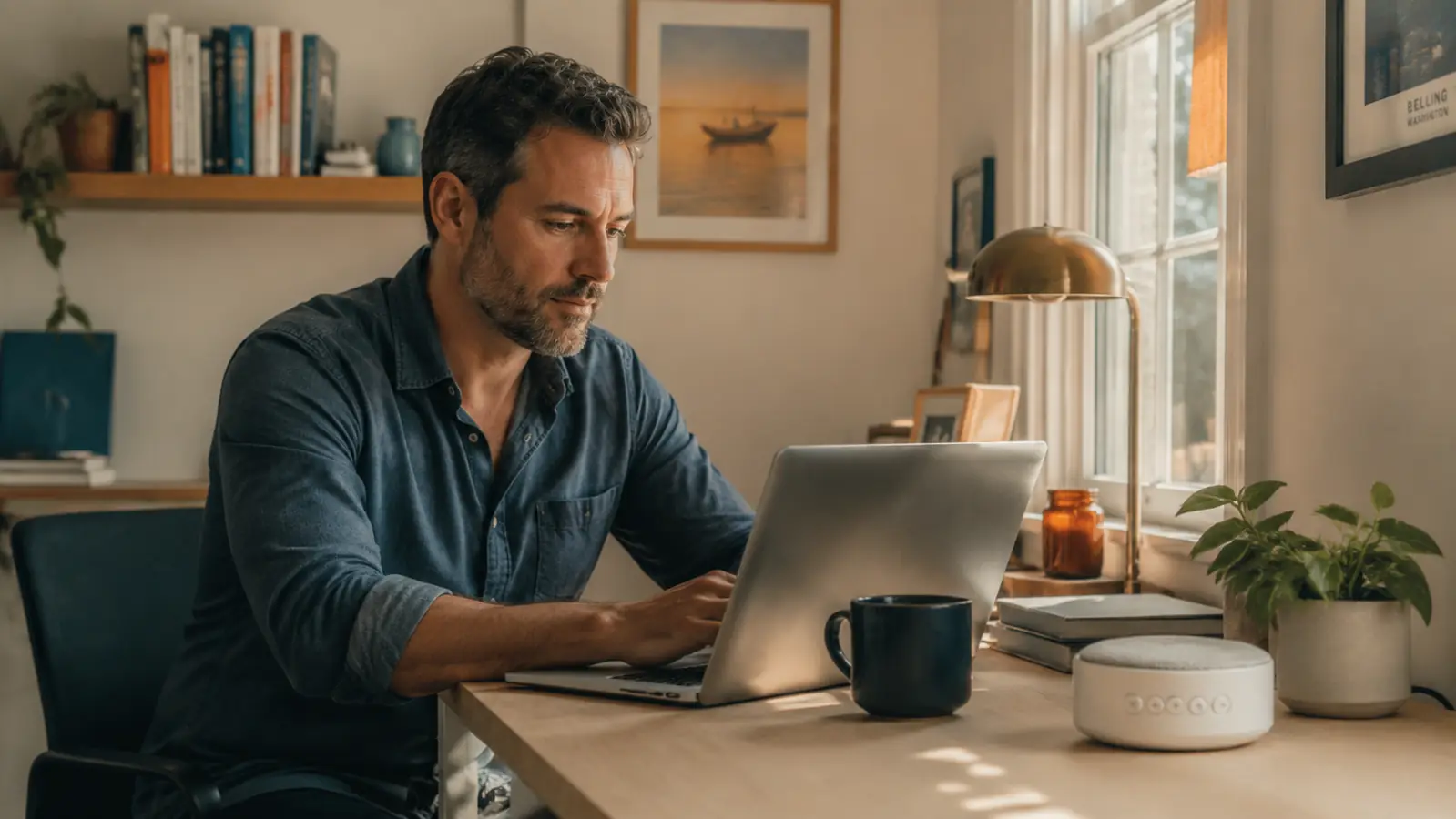 Small white noise machine sitting on a home office desk beside a laptop in soft morning light