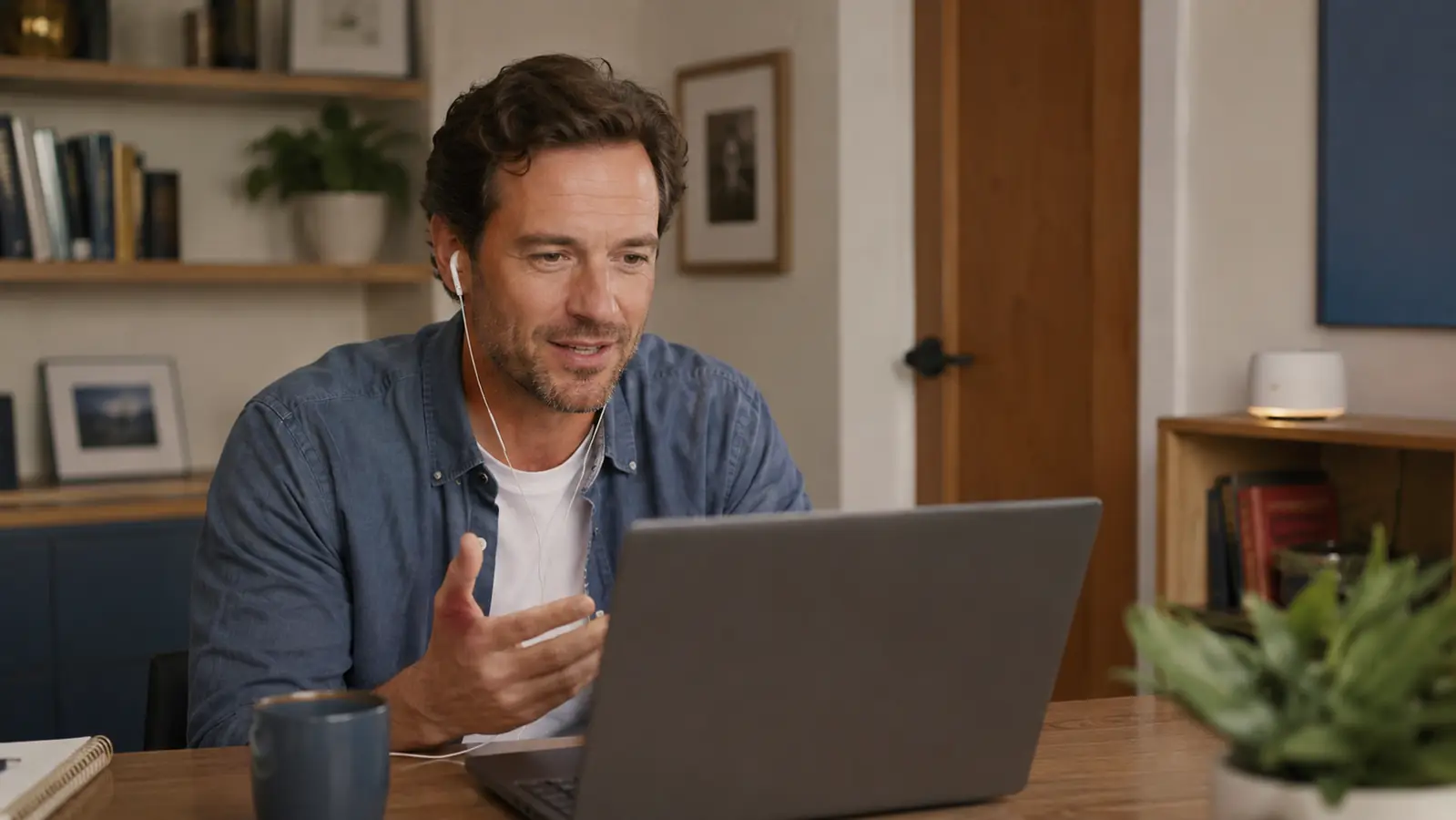 Person on a laptop video call in a home office with a small white noise machine visible on a nearby shelf