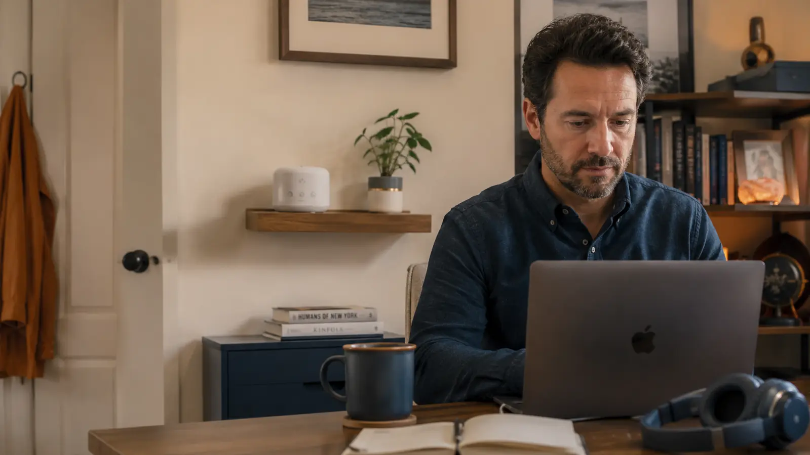 Small white noise machine sitting on a shelf near a home office desk with headphones and a laptop set up for a work call