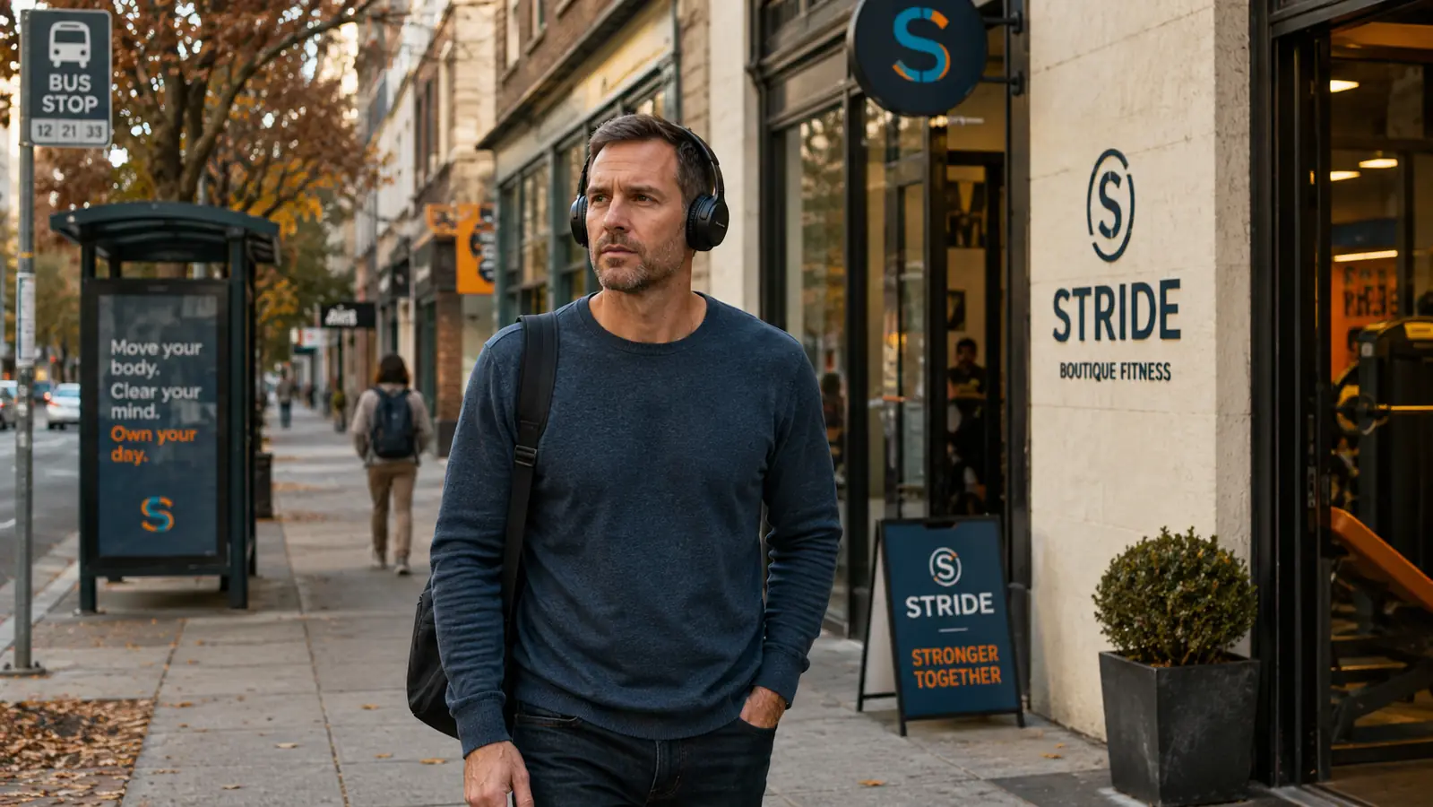 Person wearing the Soundcore Q30 headphones walking past a busy city bus stop with a gym storefront in the background