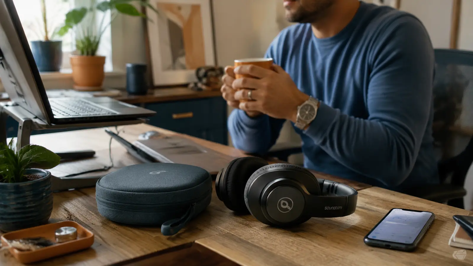Soundcore Q30 headphones sitting on a desk beside a soft pouch case and a phone showing the Soundcore app