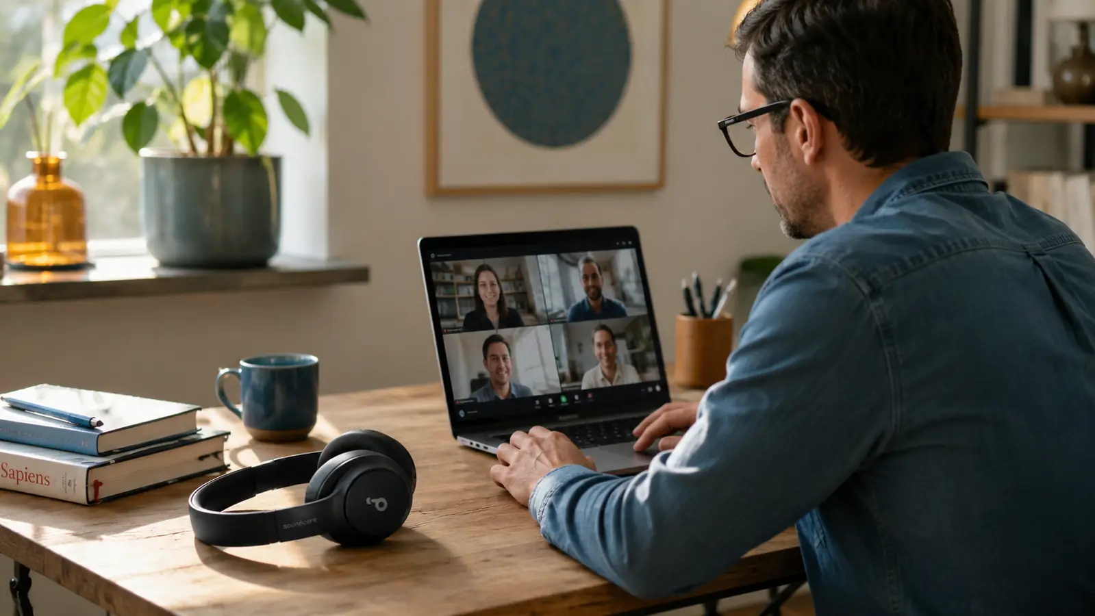 Soundcore Q30 headphones resting on a home office desk next to a laptop mid video call