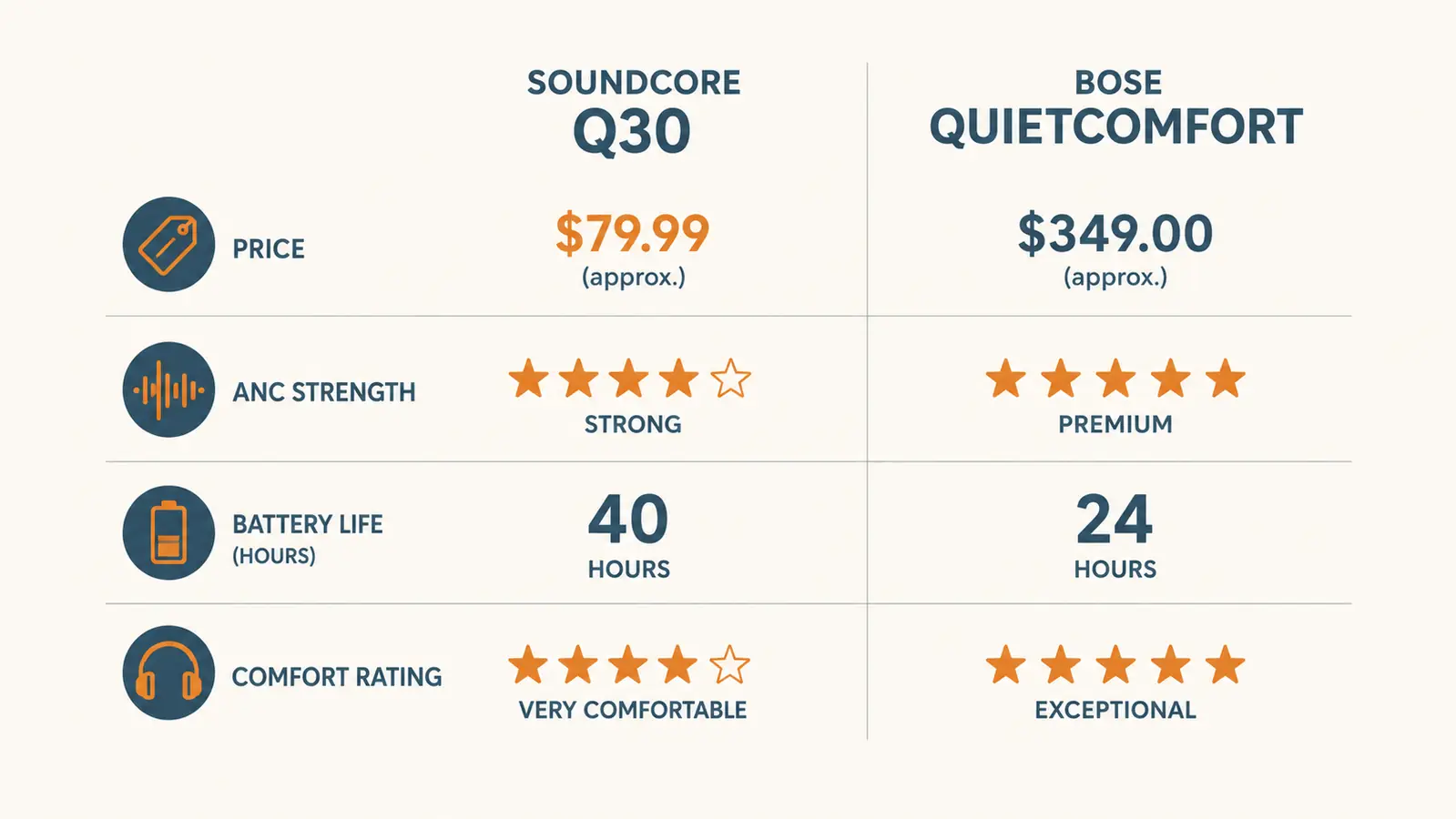 Side-by-side comparison chart of price, ANC strength, battery life, and comfort for the Soundcore Q30 versus the Bose QuietComfort 45