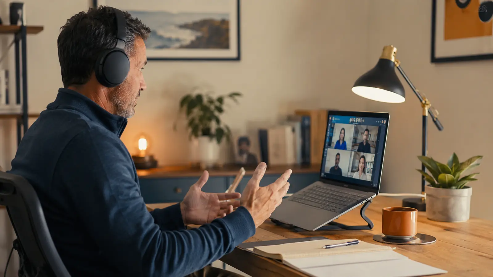 Person wearing the Soundcore Q30 headphones at a home office desk during a video call, laptop open